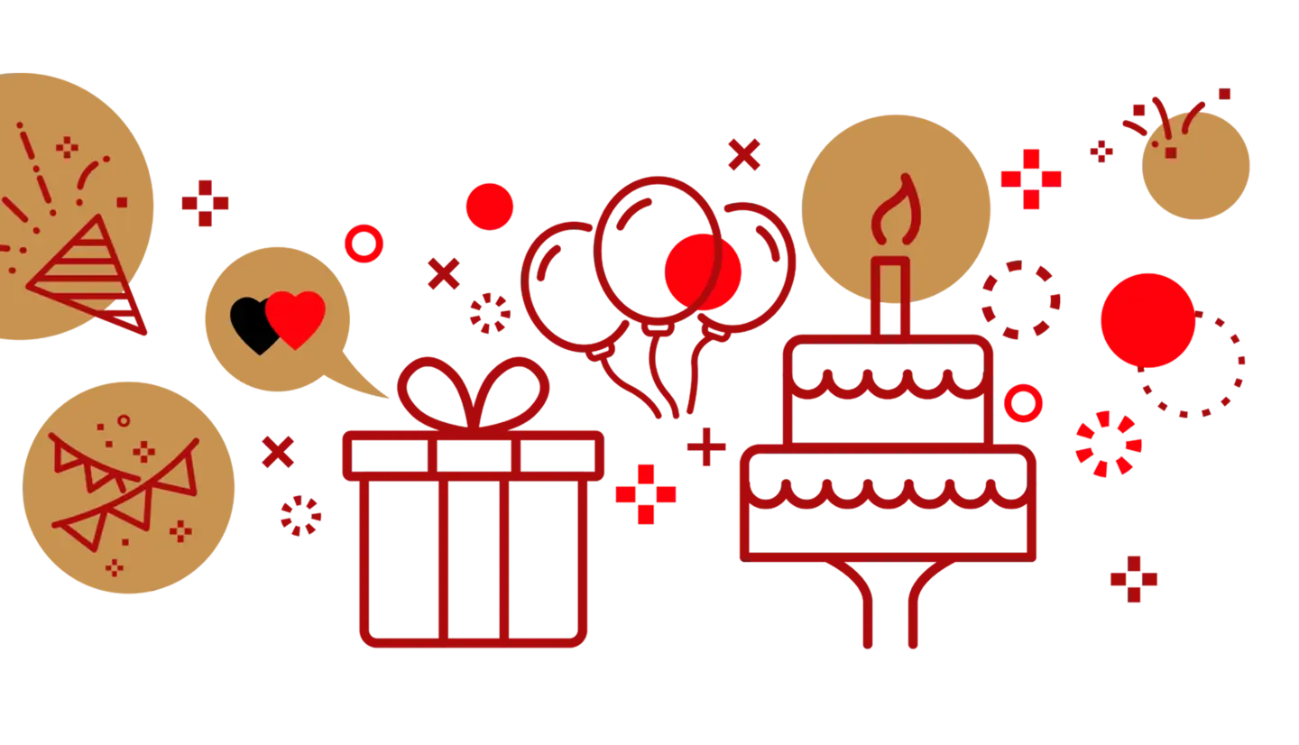 Illustration featuring a festive celebration theme with a birthday cake topped with a candle, a wrapped gift, cotton candy, and various decorative elements like party hats and confetti. Red and gold colors are prominent throughout the design, conveying a joyful atmosphere.
