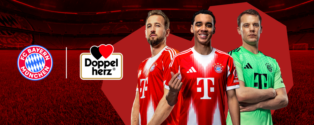 The image features three soccer players in Bayern Munich jerseys, standing in a stadium. They are showing teamwork and pride, with the club logo and a sponsor logo visible beside them. The background is a vibrant red, emphasizing the team's colors.