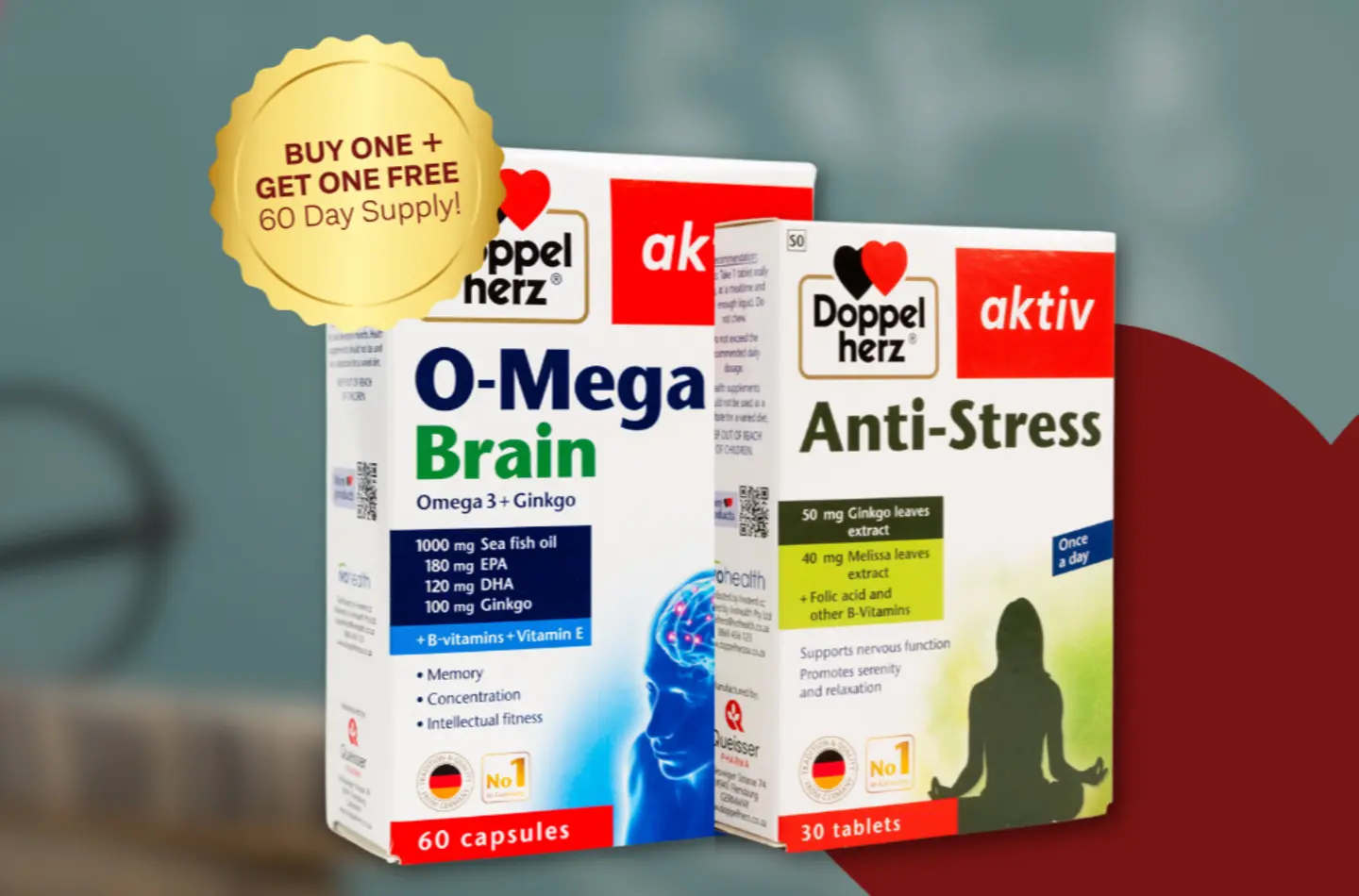 The image features two boxes of dietary supplements: "O-Mega Brain" with details about ingredients supporting memory and concentration, and "Anti-Stress," which aids relaxation and nervous function. A promotional badge states, "Buy one + get one free, 60-day supply."